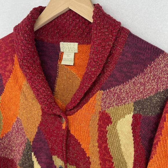 SIGRID OLSEN Sweater Womens PL Petite Colorblock Shawl Wool Blend Cardigan Red - Picture 6 of 14